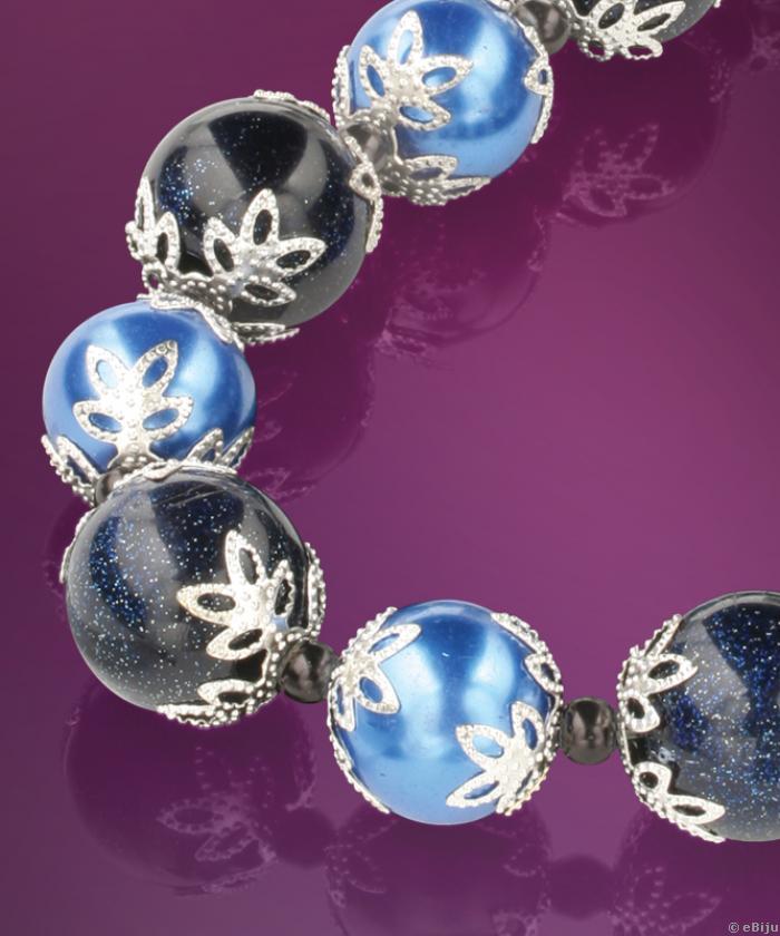 Colier albastru cu negru, perle de sticla si material sintetic