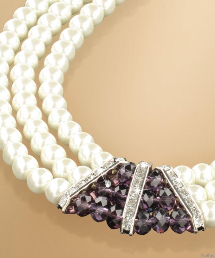 Colier trei fire de perle 
de sticla crem si cristale mov
