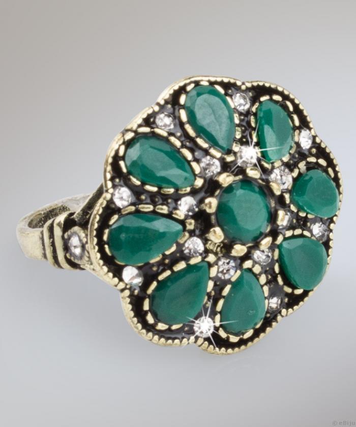 Inel floare verde, cu cristale şi metal auriu antichizat, 17 mm