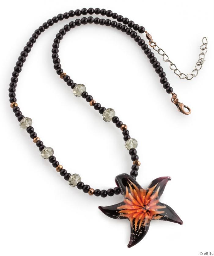 Pandantiv negru-portocaliu stea de mare, din sticlă, cu perle de sticlă negre şi cristale 