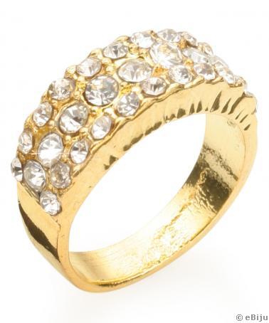 Aranyszínű gyűrű, 3 sor fehér kristállyal