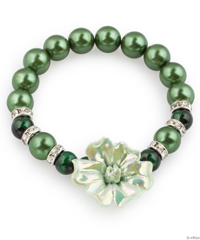 Bratara verde cu floare din portelan si perle de sticla verzi