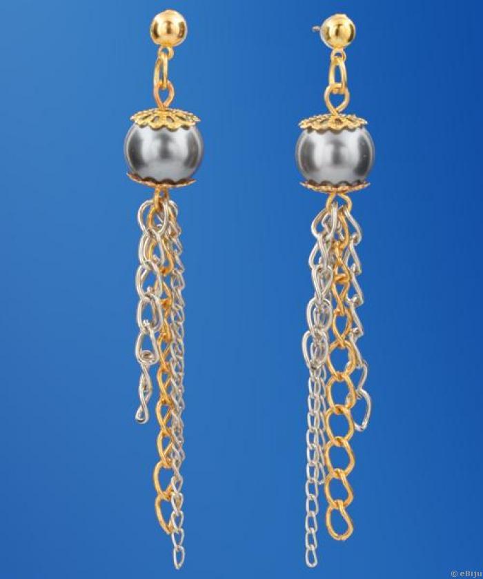 Cercei aurii cu perla de sticla gri pe lant