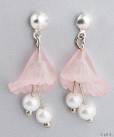 Cercei boboci roz semitransparenţi, cu perle de sticlă