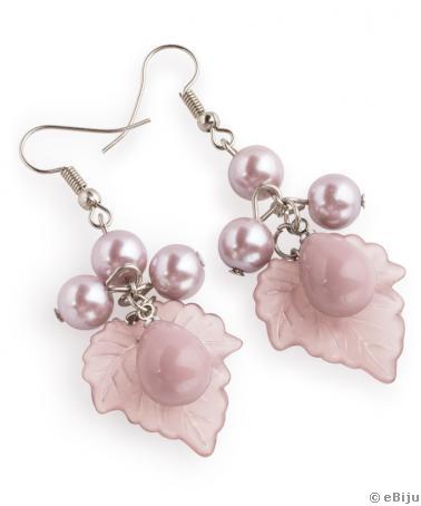 Cercei din perle de sticlă roz prăfuit, cu frunze