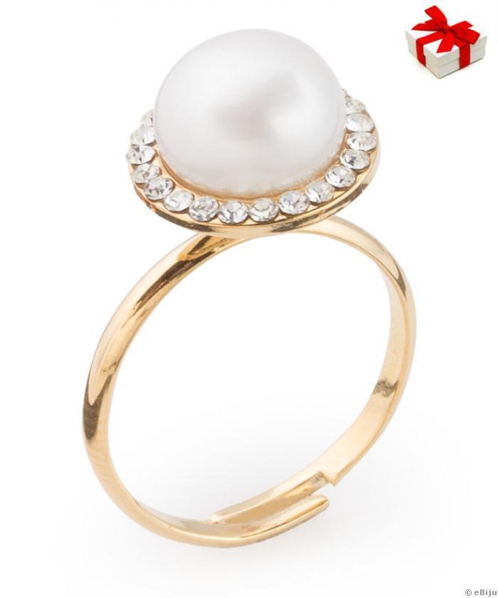 Állítható aranyszínű gyűrű fehér gyönggyel és Swarovski elemekkel