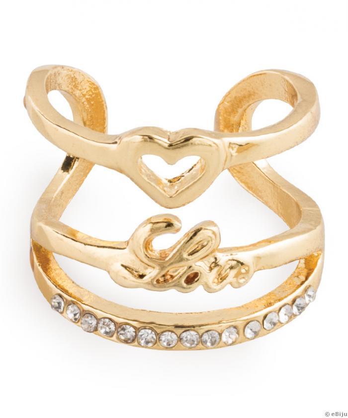 Aranyszínű Love gyűrű, szívecskével és kristályokkal