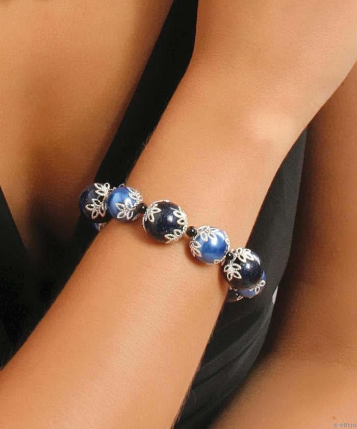 Bratara albastru cu negru, perle de sticla si material sintetic