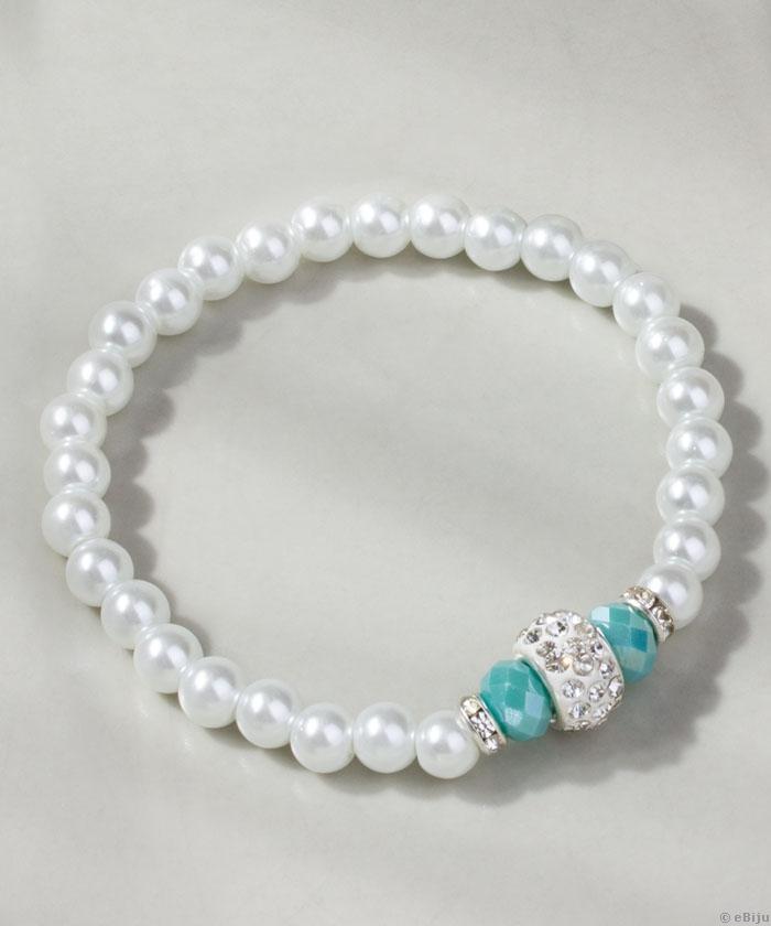 Brăţară de perle de sticlă albe cu mărgea albă cu cristale de tip shamballa