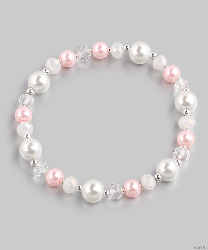 Brăţară din perle de sticlă albe şi roz