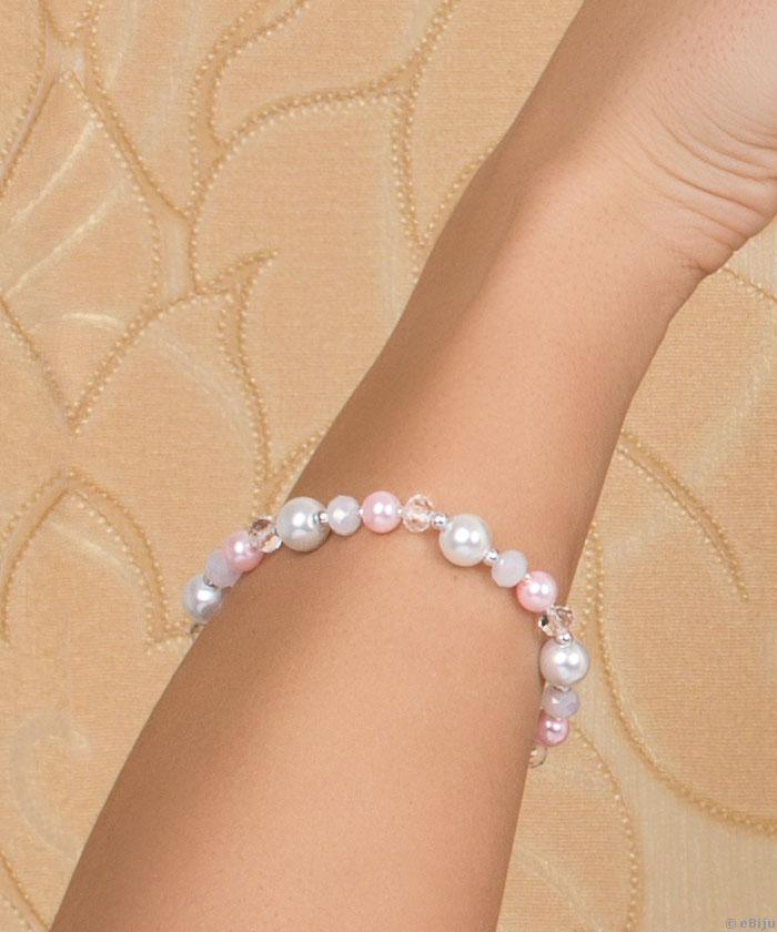 Brăţară din perle de sticlă albe şi roz