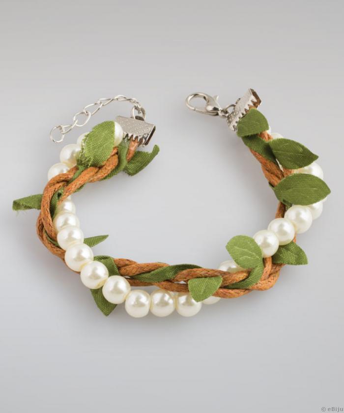 Brăţară ‘Fresh Spring’ din perle de sticlă crem şi şnur maro