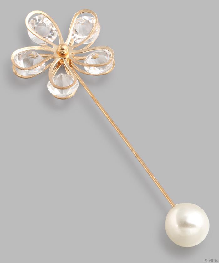 Broşă aurie cu floare din cristale albe, cu perlă crem