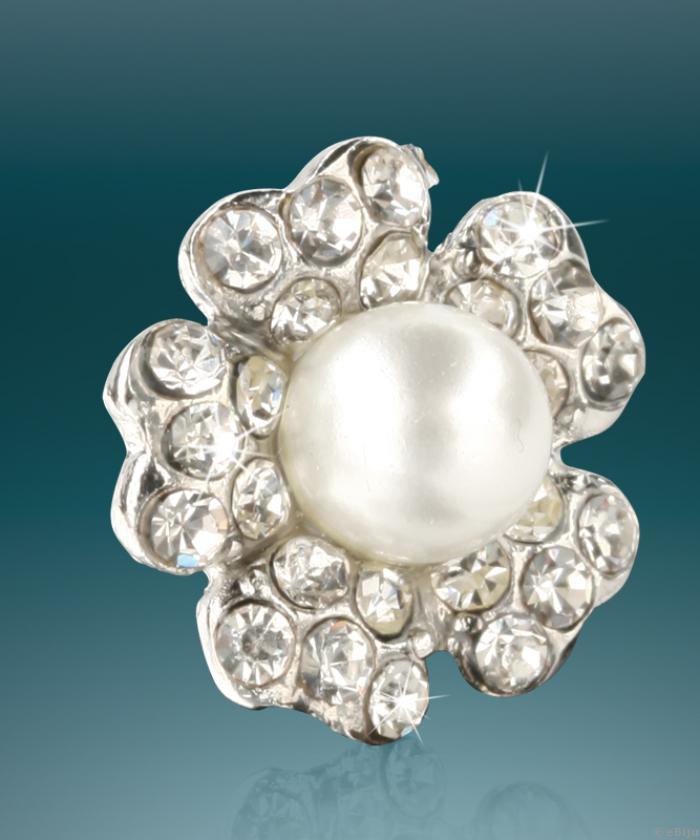 Broşă floricică argintie cu perlă de sticlă