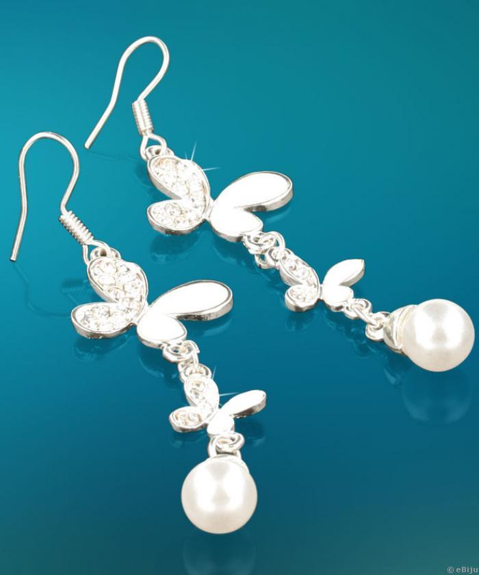 Cercei din fluturasi albi cu strasuri si perle de sticla