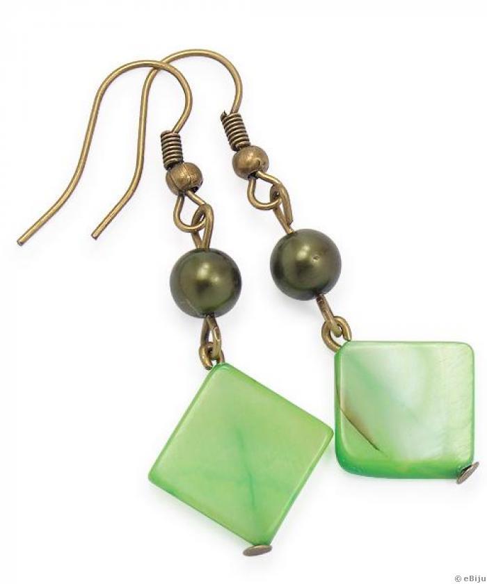Cercei  din sidef verde, cubic si perla sticla