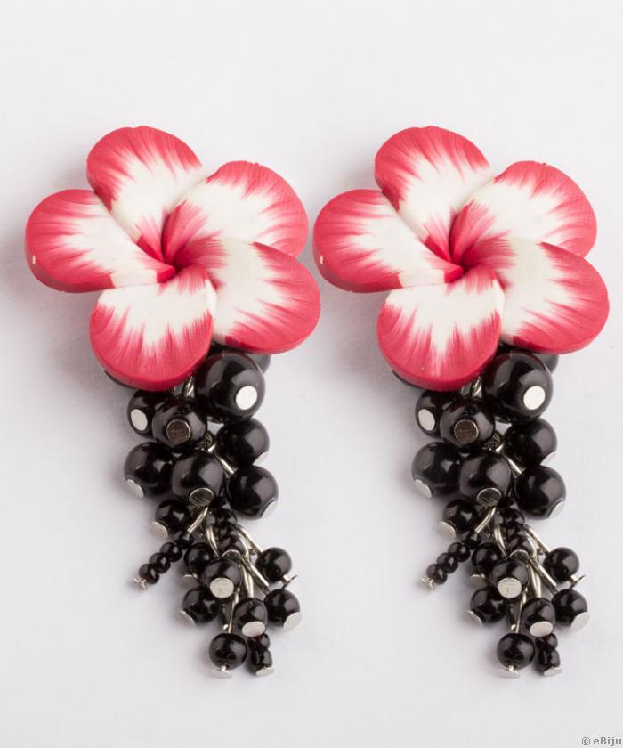 Cercei floare fimo alb-roşu, cu un ciorchin de perle de sticlă negre