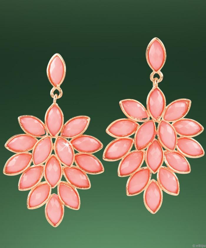 Cercei floral roz cu auriu, cu cristale fatetate