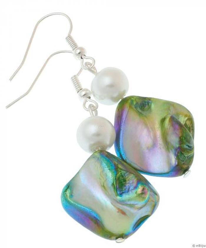 Cercei sidef verzi lucios cu perle albe de sticla