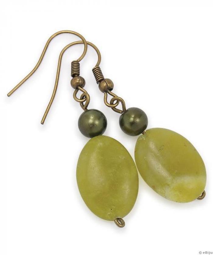Cercei verzi din piatra serpentine oliv si perle de sticla