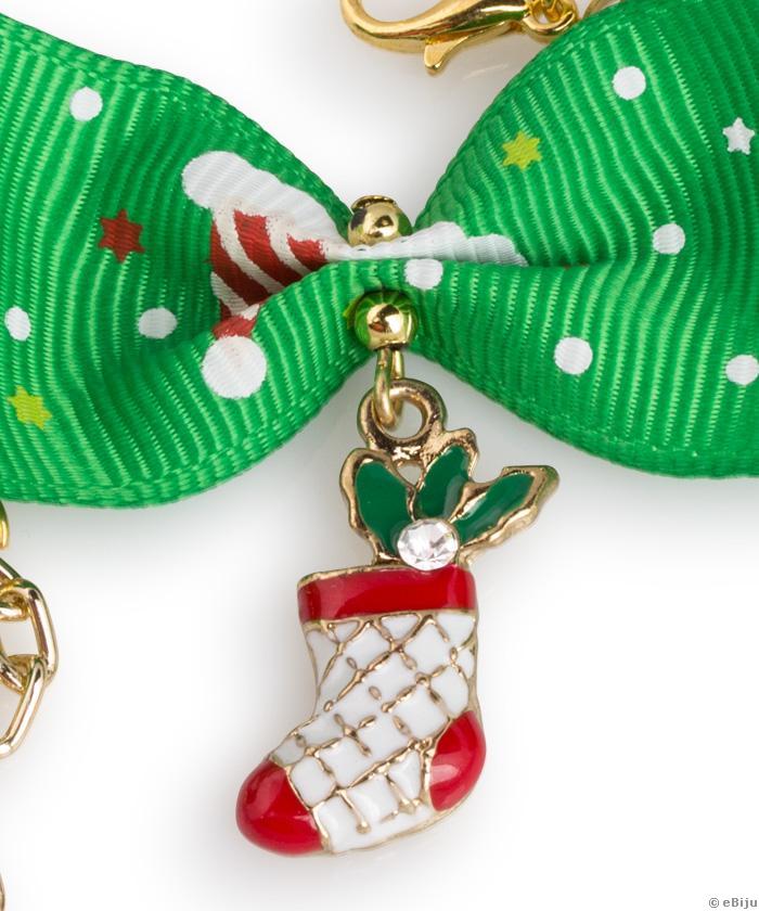 Choker típusú nyakék, zöld textil szalag karácsonyi szimbólumokkal