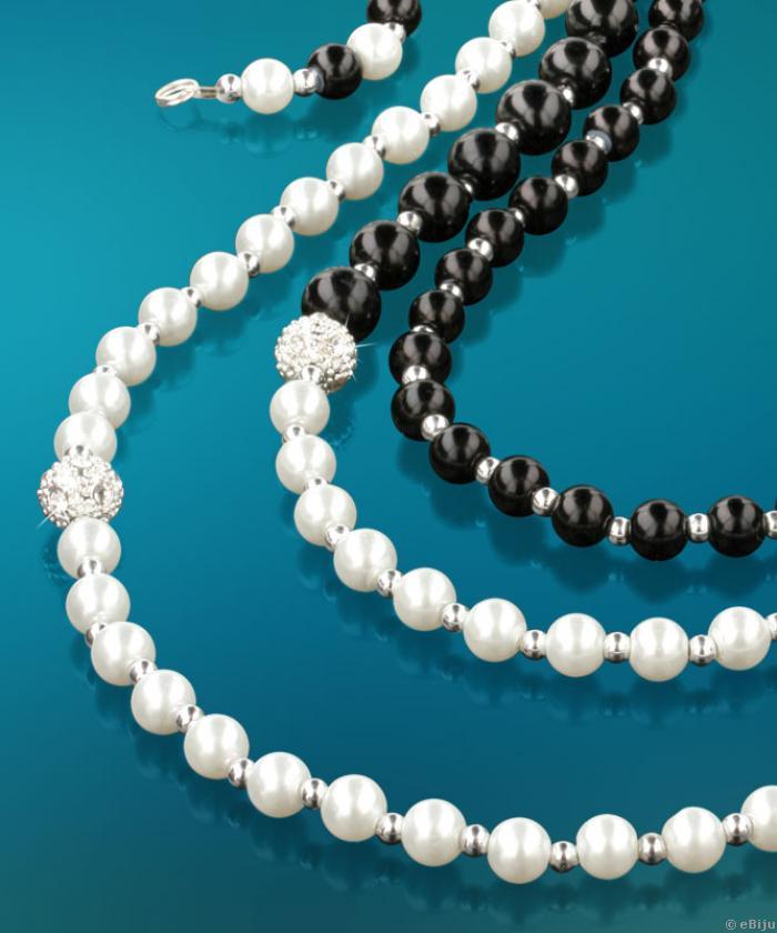 Colier alb negru din perle de sticla si elemente argintii cu strasuri albe