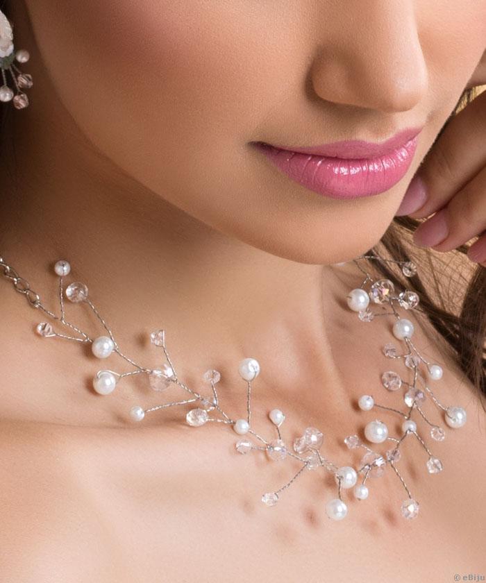 Colier-Bijuterie de păr de mirese din perle de sticlă şi cristale