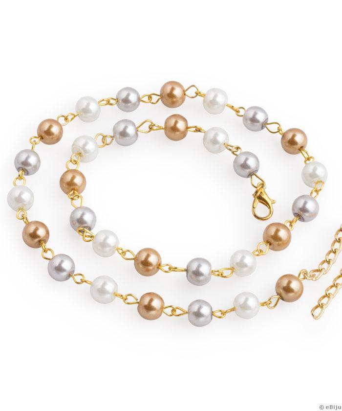 Colier din perle de sticlă aurii, gri şi alb