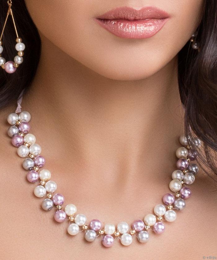 Colier din perle de sticlă, cu panglică roz