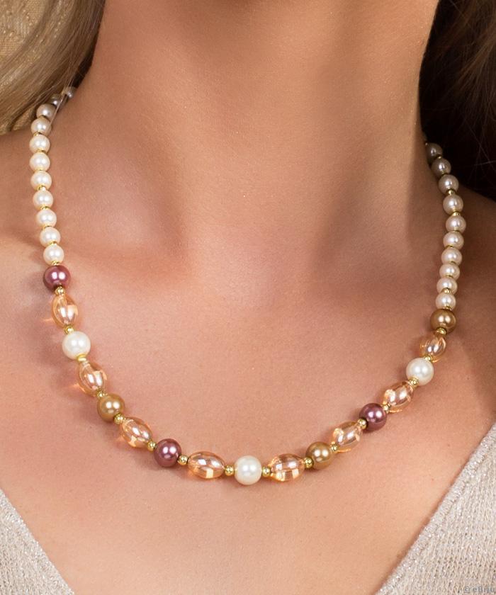 Colier din perle ovale semitransparente cu perle de sticlă crem şi bordo
