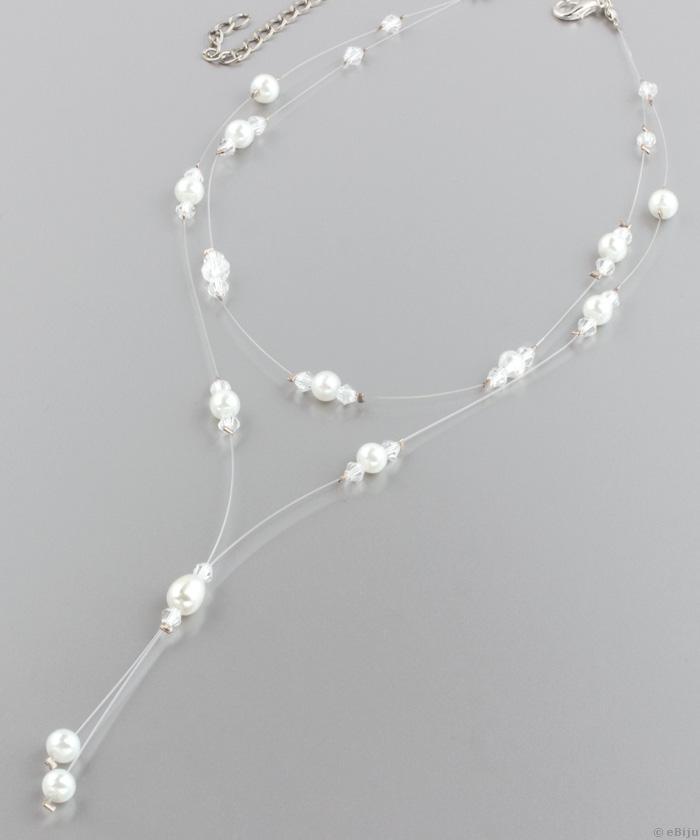 Colier dublu in forma de Y, cu perle de sticla si cristale albe