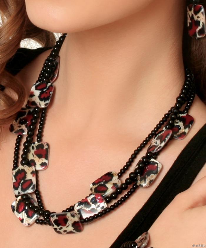Colier leopard, trei fire cu sidef si perle de sticla