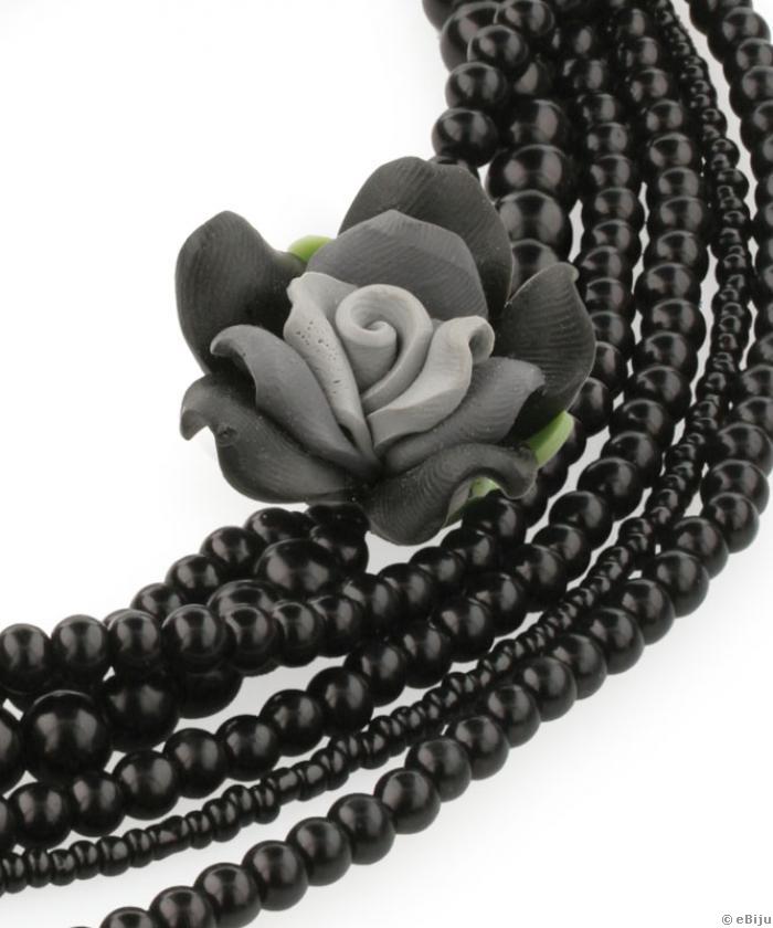 Colier negru din perle de sticla, si trandafir gri din material fimo