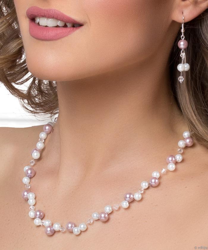 Colier perle de sticlă albe, mov pudră şi cristale