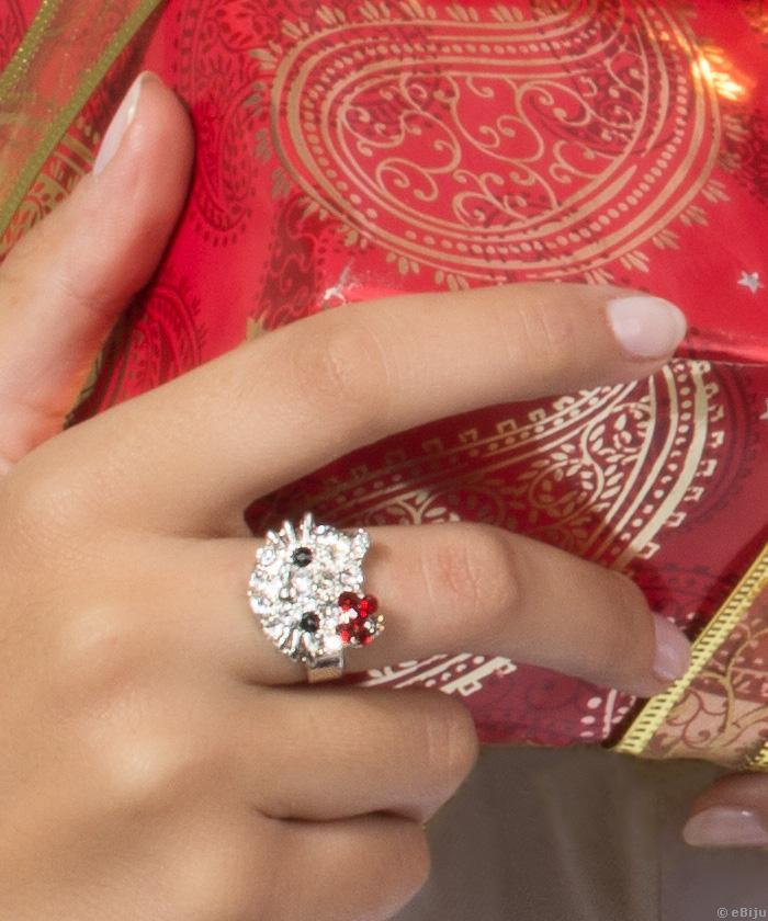 Ezüstszínű Hello Kitty gyűrű, kristályokkal