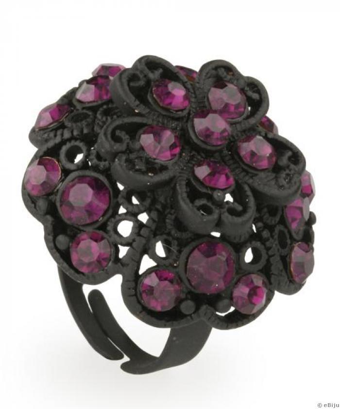 Fekete virág gyűrű, lila strasszokkal