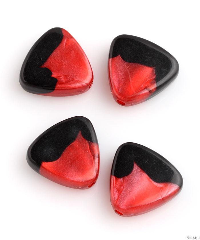 Háromszögletű akril gyöngy, piros-fekete, 2.2 cm