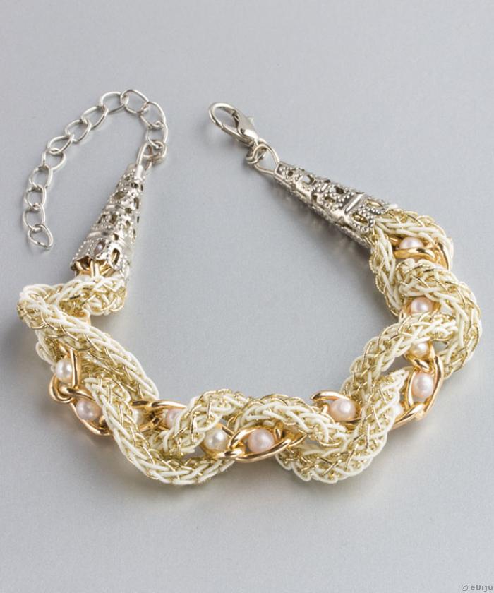 împletit din fire textile crem-aurii şi lanţ auriu decorat cu perle albe şi roz
