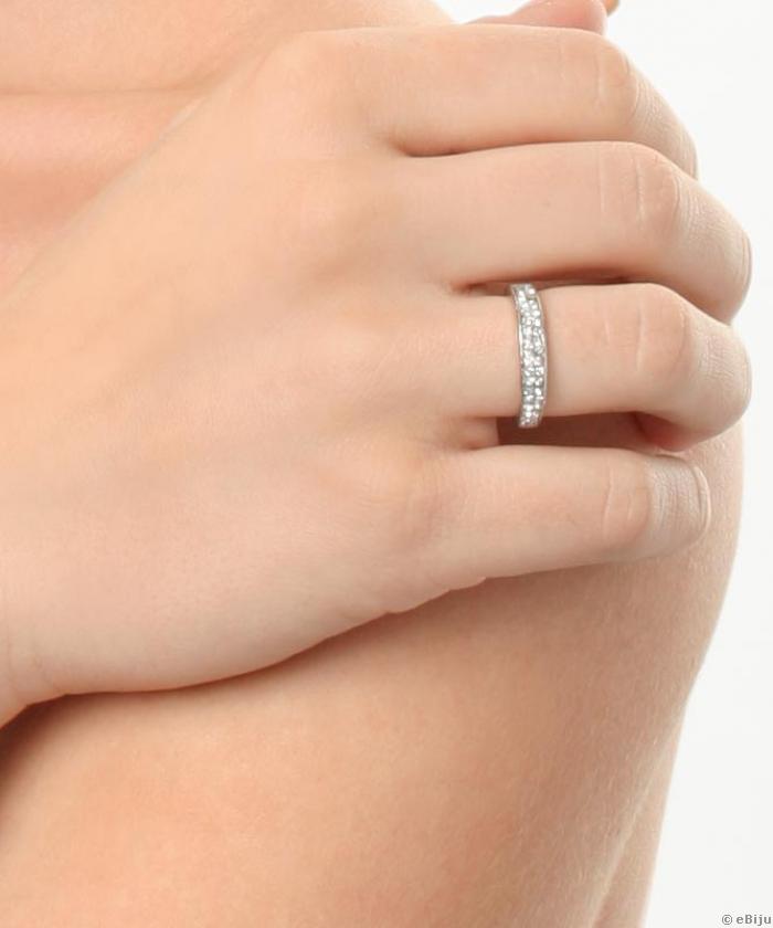 Inel argintiu cu doua randuri de strasuri albe (16 mm)