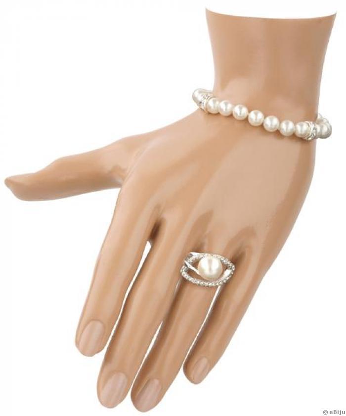 Inel argintiu cu perla de sticla si strasuri albe (marime: 17 mm)