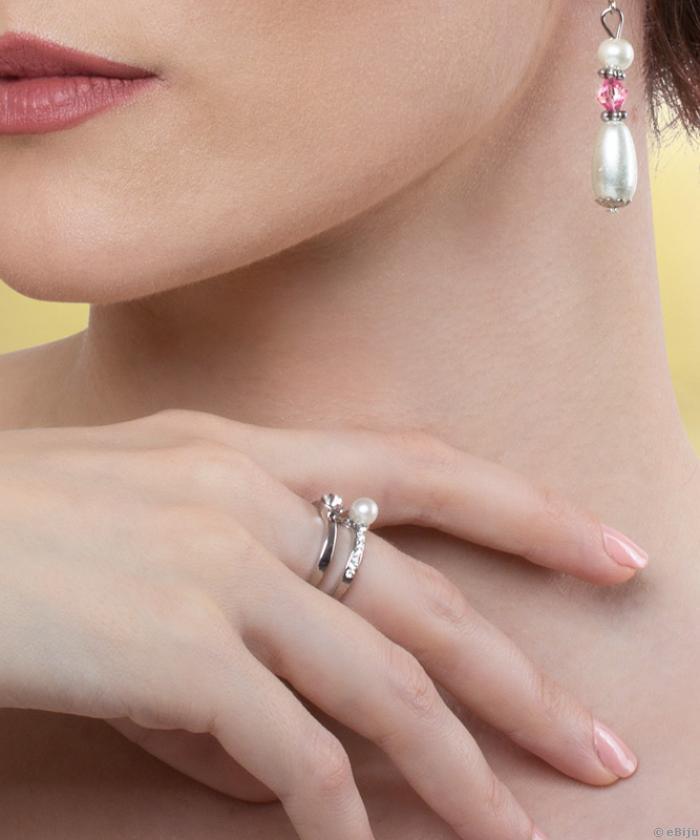 Inel argintiu dublu cu cristale şi perlă albă, 17 mm