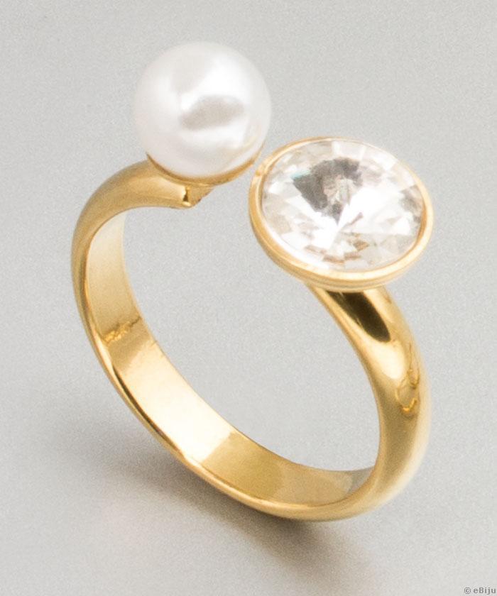 Inel auriu cu cristal si perla, 18.5 mm