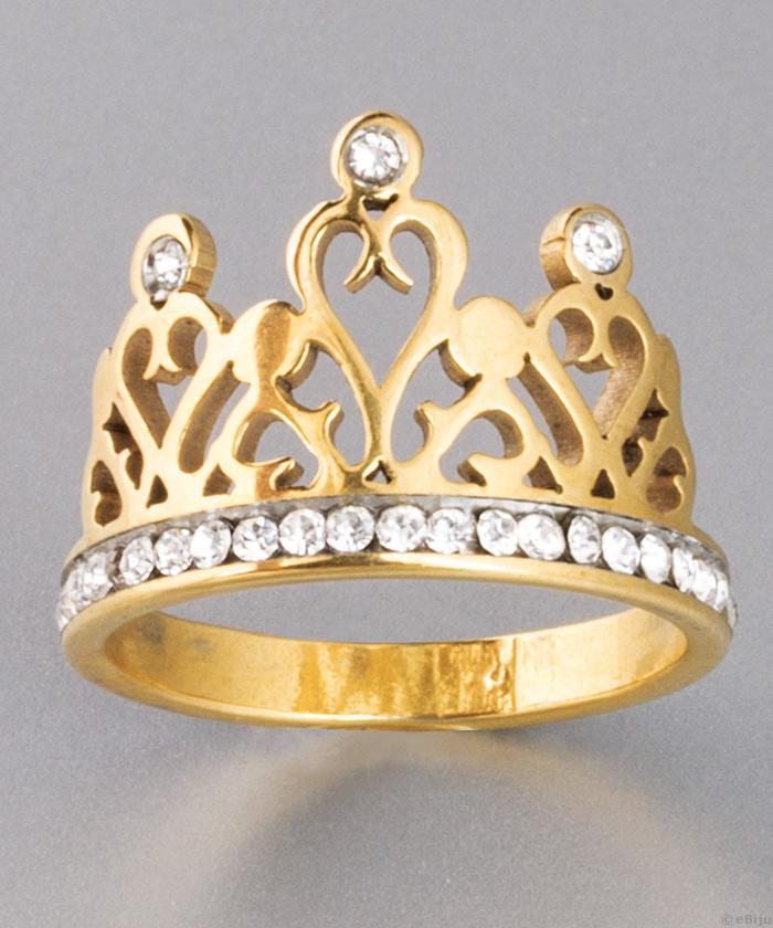 Inel auriu din otel inox coronita cu cristale, 18 mm