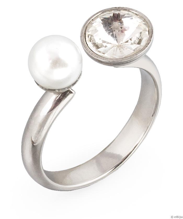 Inel din oţel inox argintiu, cu perlă şi cristal