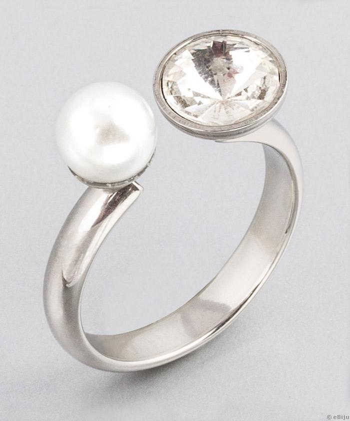 Inel din oţel inox argintiu, cu perlă şi cristal, 16 mm