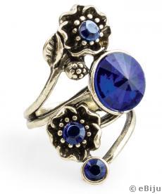 Inel floare abstractă cu cristale albastru-marin