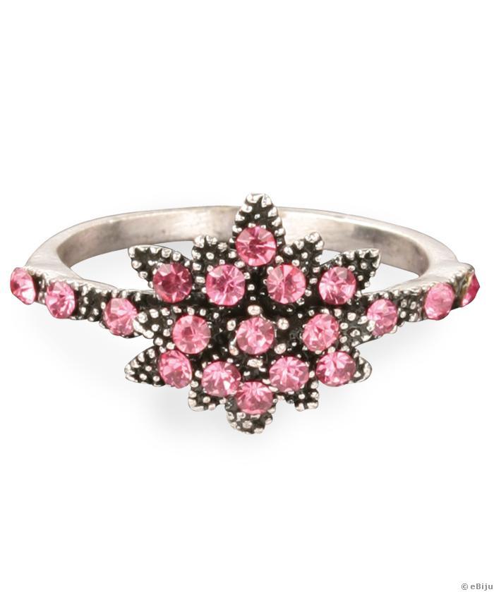 Inel floare de munte, metal antichizat și cristale roz