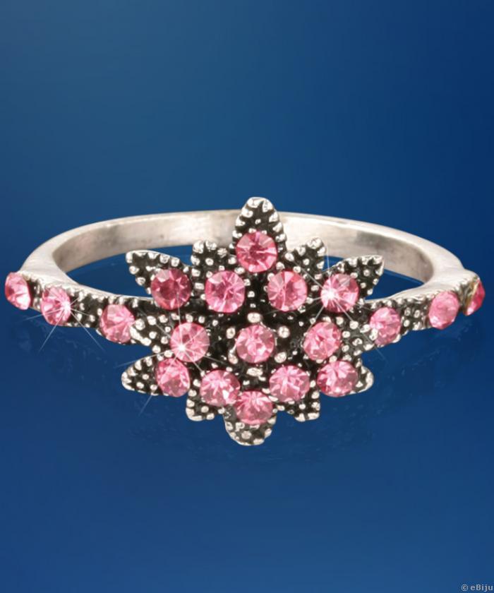 Inel floare de munte, metal
argintiu cu strasuri roz (17 mm)
