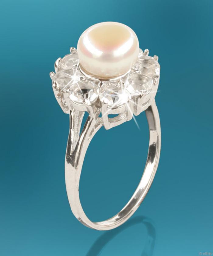 Inel floare perla de cultura si cristale (20 mm)