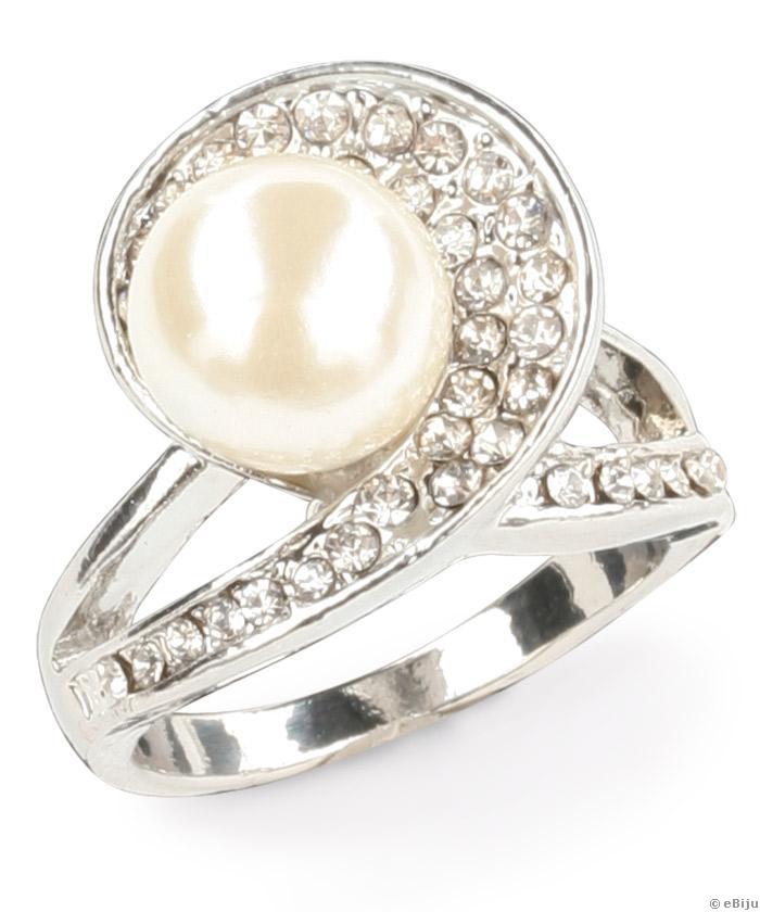 Inel perla de sticla crem cu cristale albe (16 mm)
